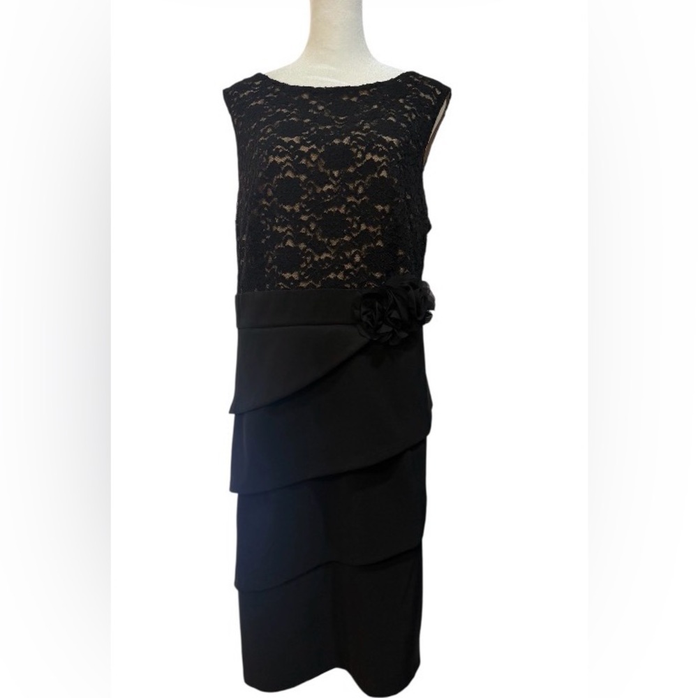 Black Lace Tiered Shift Dress with Floral Accent. Sleeveless. Size 16W. - Picture 2 of 12